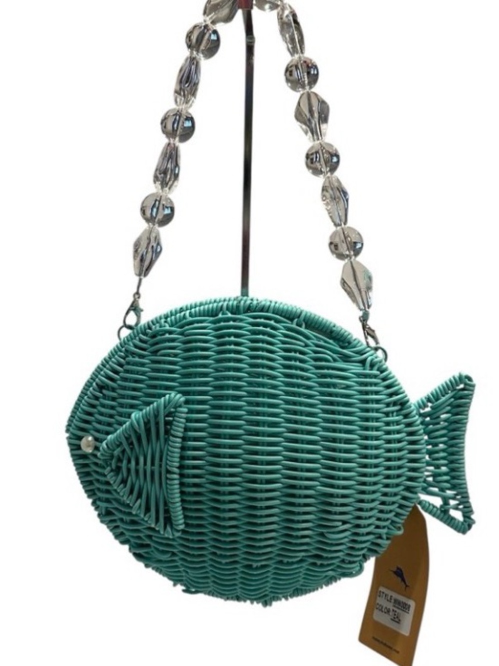 New Tommy Bahama Teal Woven Fish-Shaped Bag - Picture 6 of 15